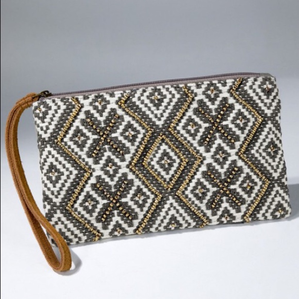 NWT Gray White Gold Beaded Fabric Wristlet Pouch